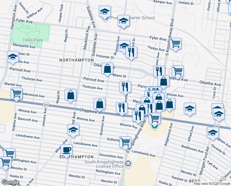 map of restaurants, bars, coffee shops, grocery stores, and more near 5033 Mardel Avenue in St. Louis