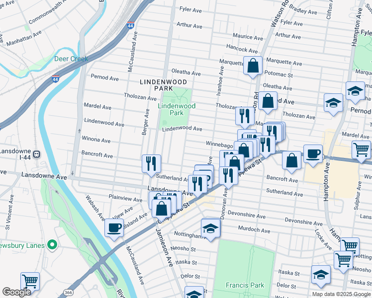 map of restaurants, bars, coffee shops, grocery stores, and more near 6640 Winona Avenue in St. Louis