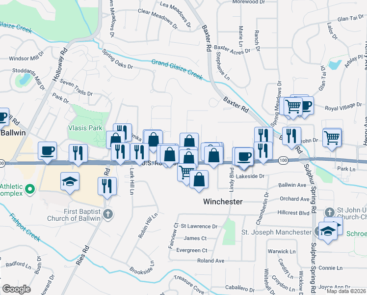 map of restaurants, bars, coffee shops, grocery stores, and more near 14653 Manchester Road in Ballwin