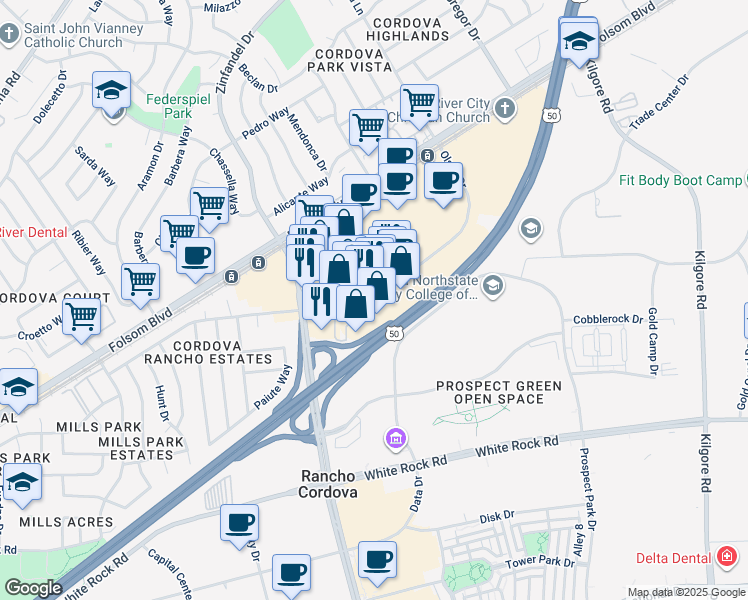 map of restaurants, bars, coffee shops, grocery stores, and more near 10880 Olson Drive in Rancho Cordova