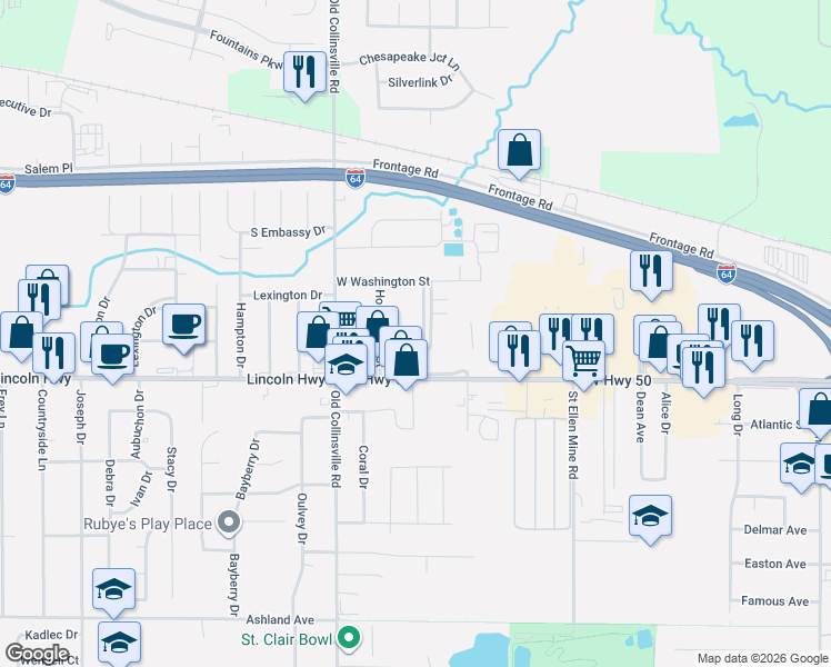 map of restaurants, bars, coffee shops, grocery stores, and more near 107 Brookside Drive in O'Fallon