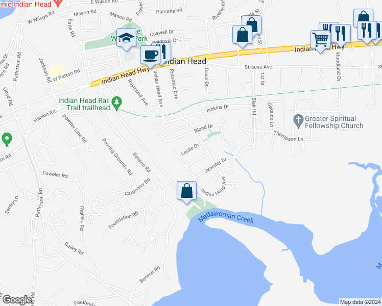 map of restaurants, bars, coffee shops, grocery stores, and more near 6 Leslie Drive in Indian Head