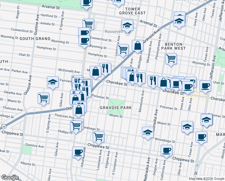 map of restaurants, bars, coffee shops, grocery stores, and more near 3447 Virginia Avenue in St. Louis