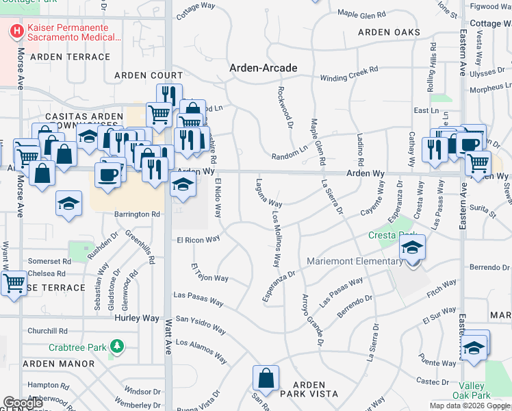 map of restaurants, bars, coffee shops, grocery stores, and more near 3731 El Ricon Way in Sacramento