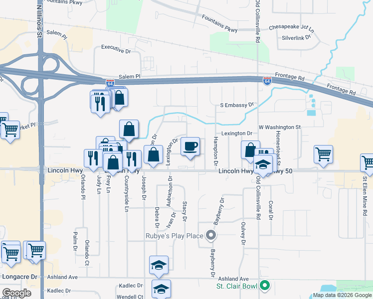 map of restaurants, bars, coffee shops, grocery stores, and more near 6 Hyde Park Road in Fairview Heights