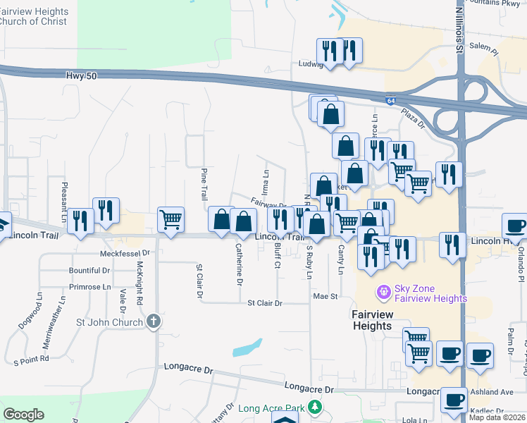 map of restaurants, bars, coffee shops, grocery stores, and more near 10517 Lincoln Trail in Fairview Heights