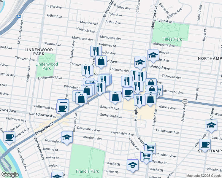 map of restaurants, bars, coffee shops, grocery stores, and more near 6401 Chippewa Street in St. Louis
