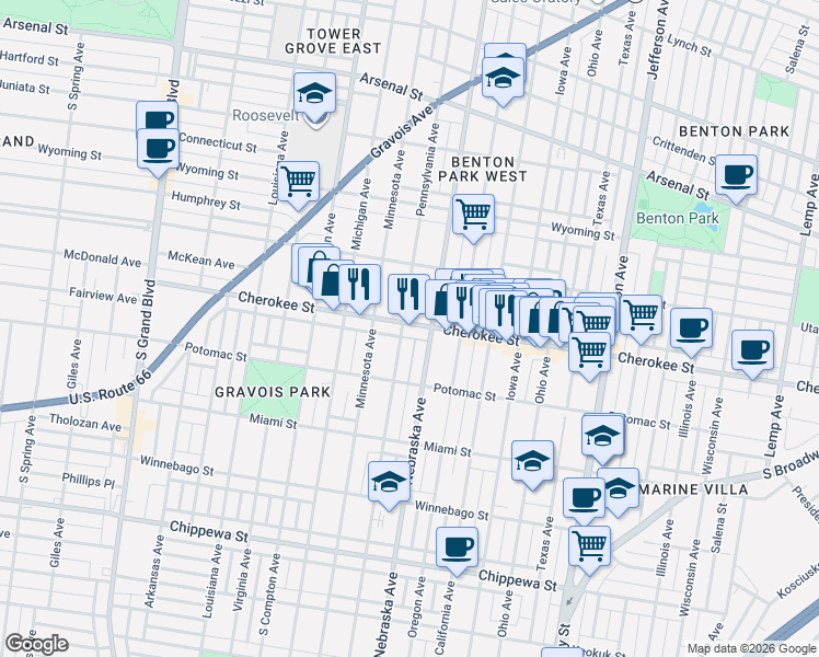 map of restaurants, bars, coffee shops, grocery stores, and more near in St. Louis