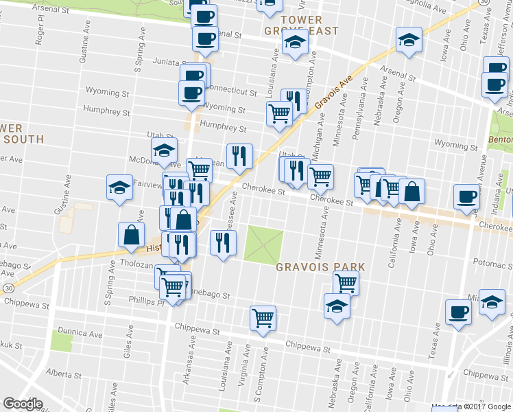 map of restaurants, bars, coffee shops, grocery stores, and more near 3447 Virginia Avenue in St. Louis