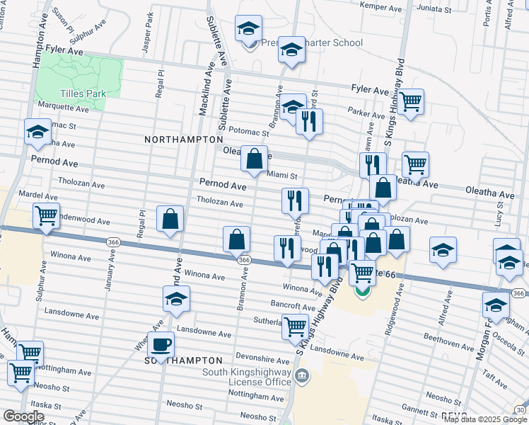 map of restaurants, bars, coffee shops, grocery stores, and more near 5033 Mardel Avenue in St. Louis