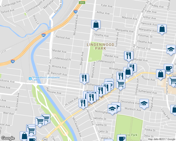 map of restaurants, bars, coffee shops, grocery stores, and more near 3958 Jamieson Avenue in St. Louis