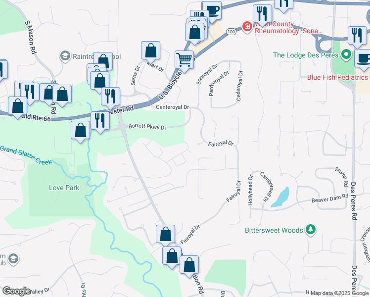 map of restaurants, bars, coffee shops, grocery stores, and more near 13326 Hiddendale Lane in Ballwin