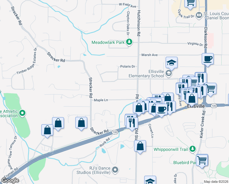 map of restaurants, bars, coffee shops, grocery stores, and more near 1537 Maple Lane in Ellisville