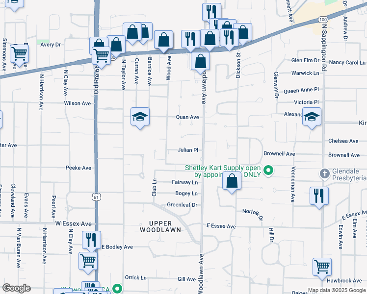 map of restaurants, bars, coffee shops, grocery stores, and more near 424 Julian Place in Kirkwood
