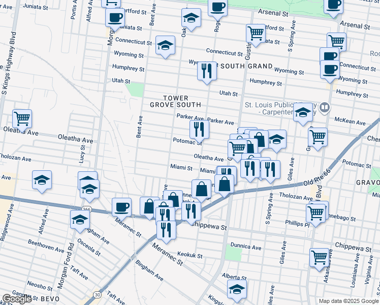 map of restaurants, bars, coffee shops, grocery stores, and more near 4025 Oleatha Avenue in St. Louis