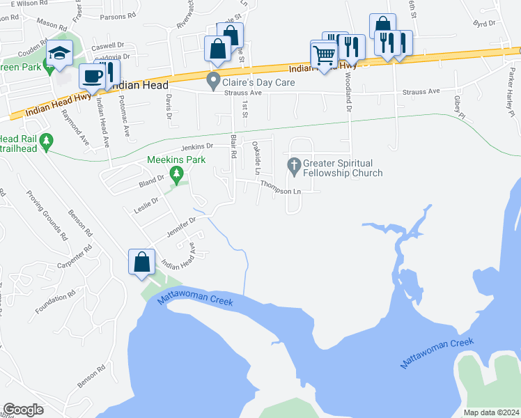 map of restaurants, bars, coffee shops, grocery stores, and more near 9 Beth Court in Indian Head