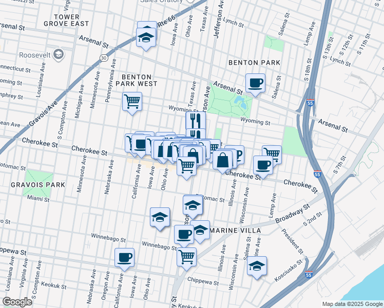 map of restaurants, bars, coffee shops, grocery stores, and more near 3352 South Jefferson Avenue in St. Louis