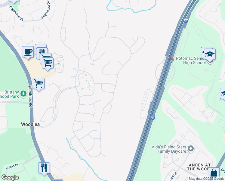 map of restaurants, bars, coffee shops, grocery stores, and more near 3949 Solstice Lane in Dumfries