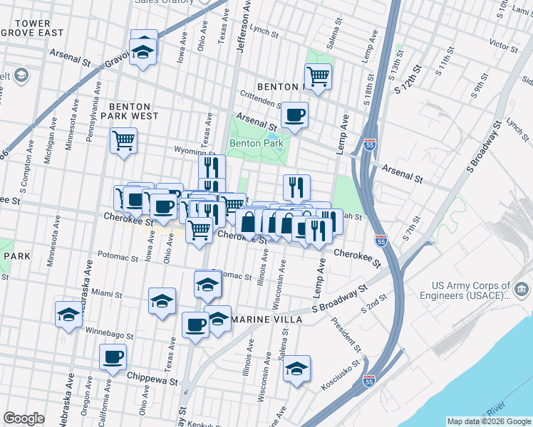 map of restaurants, bars, coffee shops, grocery stores, and more near 3339 Illinois Avenue in St. Louis