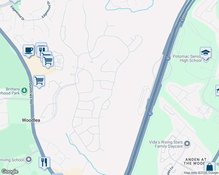 map of restaurants, bars, coffee shops, grocery stores, and more near 3945 Solstice Lane in Dumfries