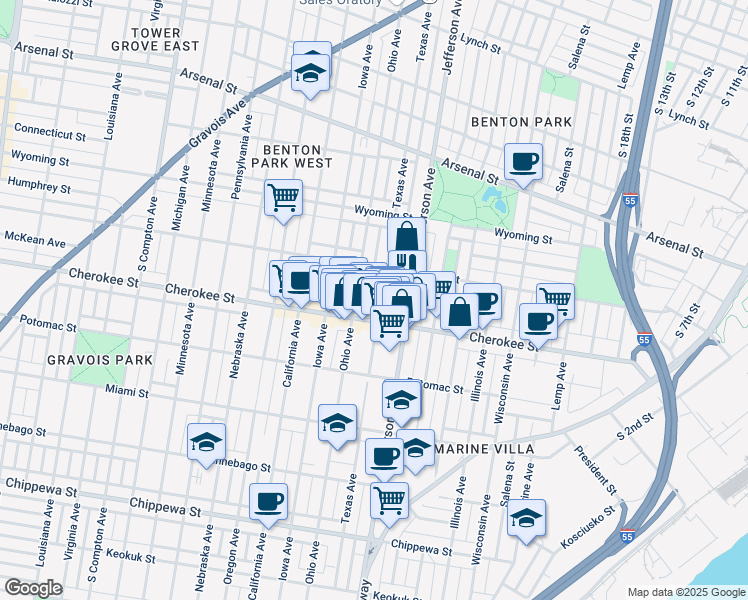 map of restaurants, bars, coffee shops, grocery stores, and more near 2617-2619 Cherokee Street in St. Louis