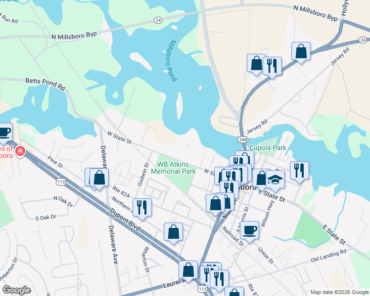 map of restaurants, bars, coffee shops, grocery stores, and more near 217 West State Street in Millsboro