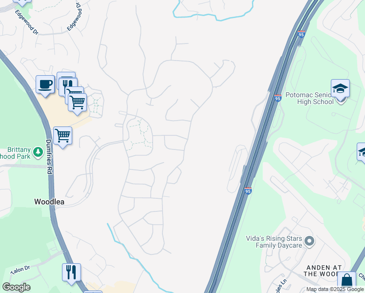 map of restaurants, bars, coffee shops, grocery stores, and more near 3949 Solstice Lane in Dumfries