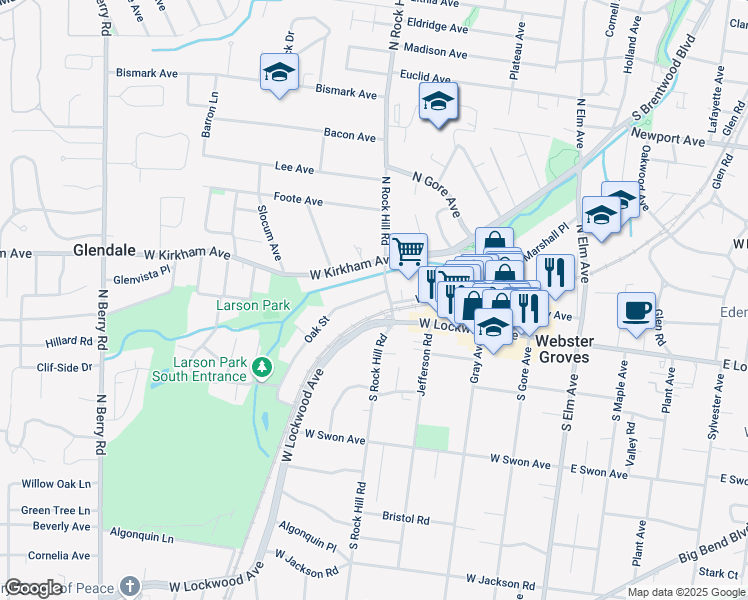map of restaurants, bars, coffee shops, grocery stores, and more near 412 Oak Street in Webster Groves