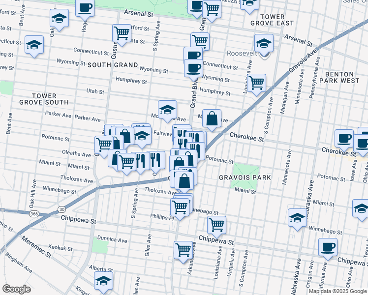 map of restaurants, bars, coffee shops, grocery stores, and more near 3510 Grace Avenue in St. Louis