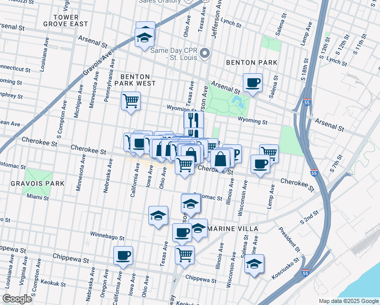 map of restaurants, bars, coffee shops, grocery stores, and more near 3352 South Jefferson Avenue in St. Louis
