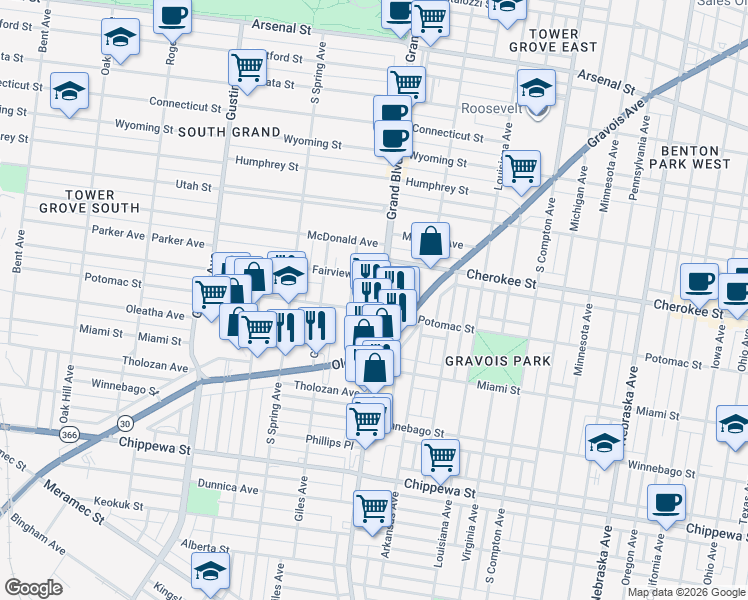 map of restaurants, bars, coffee shops, grocery stores, and more near 3510 Grace Avenue in St. Louis