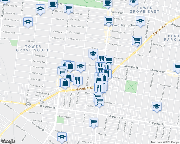 map of restaurants, bars, coffee shops, grocery stores, and more near 3518 Giles Avenue in St. Louis