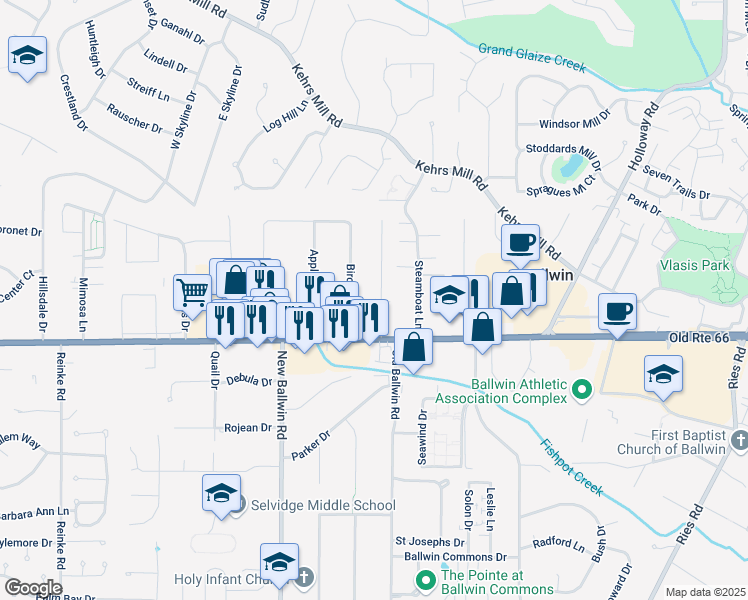 map of restaurants, bars, coffee shops, grocery stores, and more near 107 Coral Terrace in Ballwin