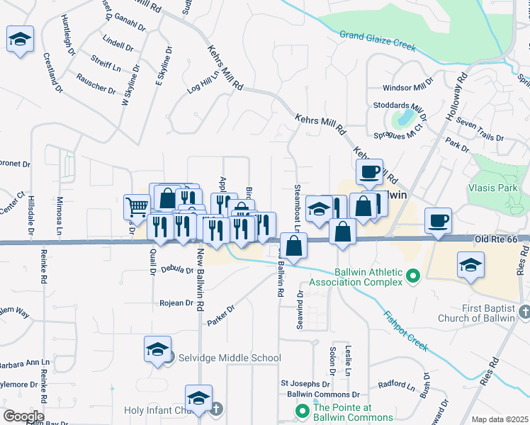 map of restaurants, bars, coffee shops, grocery stores, and more near 107 Coral Terrace in Ballwin