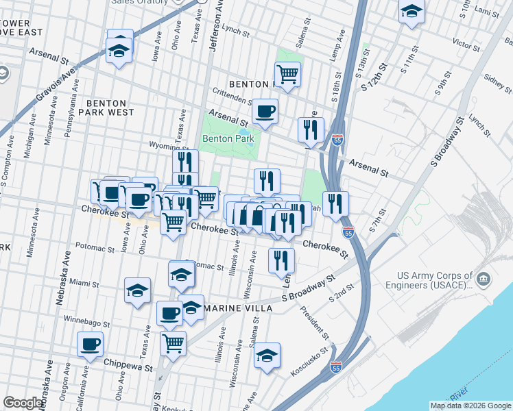map of restaurants, bars, coffee shops, grocery stores, and more near 3334 Wisconsin Avenue in St. Louis
