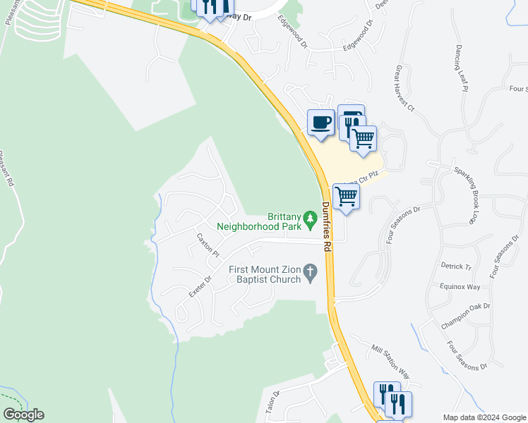 map of restaurants, bars, coffee shops, grocery stores, and more near 16601 Chalice Court in Dumfries