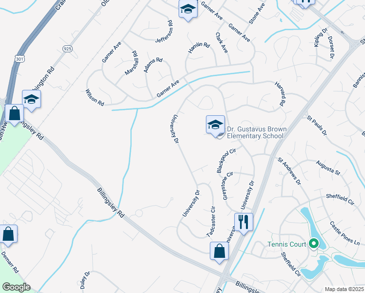 map of restaurants, bars, coffee shops, grocery stores, and more near 749 University Drive in Waldorf