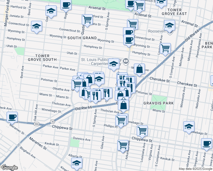 map of restaurants, bars, coffee shops, grocery stores, and more near 3475 Giles Avenue in St. Louis