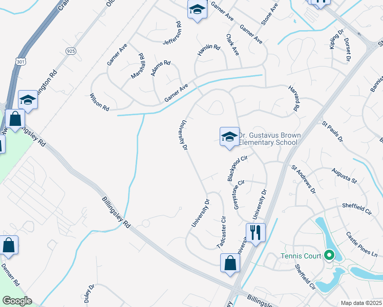 map of restaurants, bars, coffee shops, grocery stores, and more near 749 University Drive in Waldorf