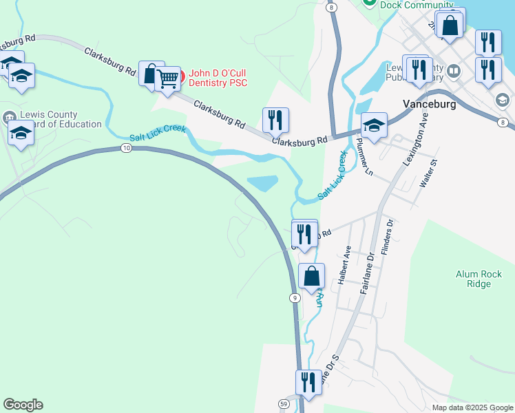 map of restaurants, bars, coffee shops, grocery stores, and more near 17 Oakland Park Road in Vanceburg