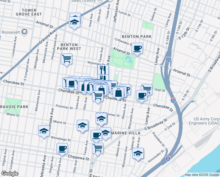 map of restaurants, bars, coffee shops, grocery stores, and more near 3352 South Jefferson Avenue in St. Louis