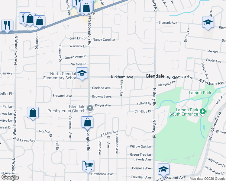 map of restaurants, bars, coffee shops, grocery stores, and more near 1077 Chelsea Avenue in St. Louis