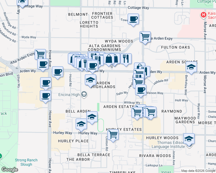 map of restaurants, bars, coffee shops, grocery stores, and more near 1617 Clinton Road in Sacramento