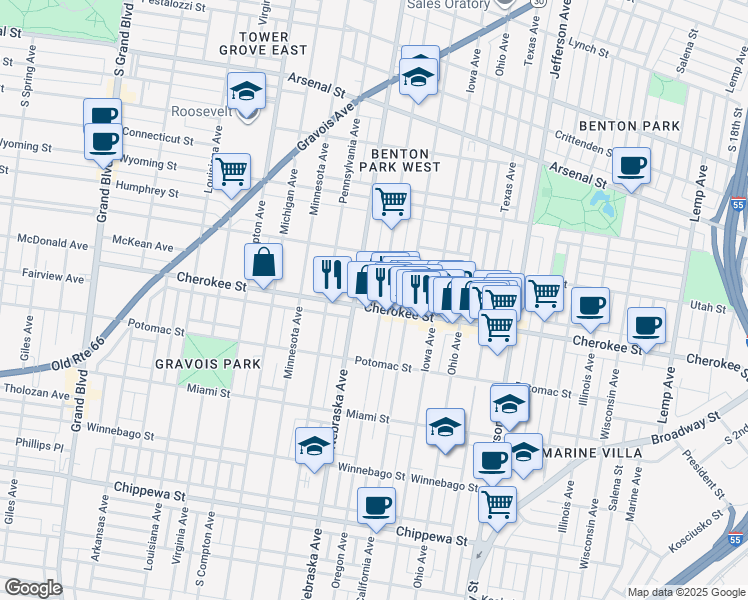 map of restaurants, bars, coffee shops, grocery stores, and more near 3325 Oregon Avenue in St. Louis