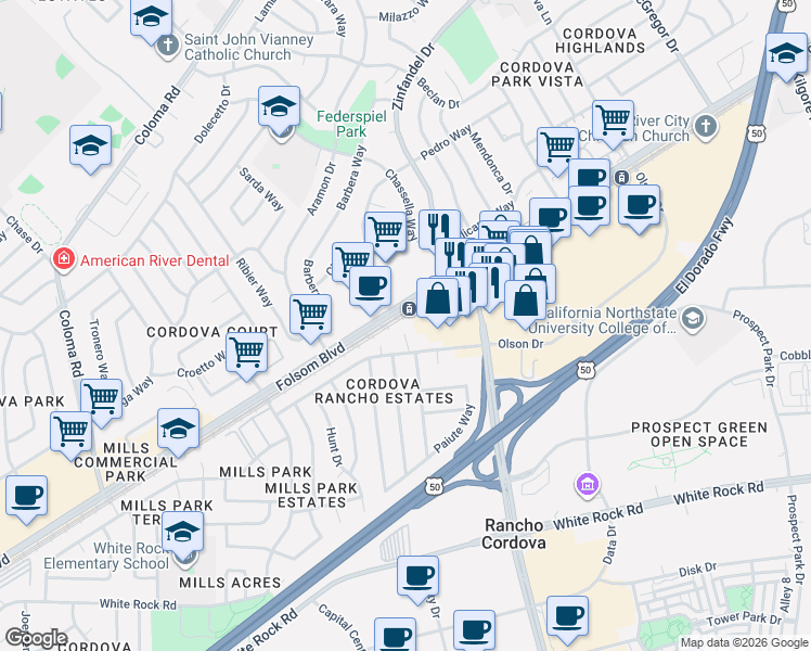 map of restaurants, bars, coffee shops, grocery stores, and more near in Rancho Cordova