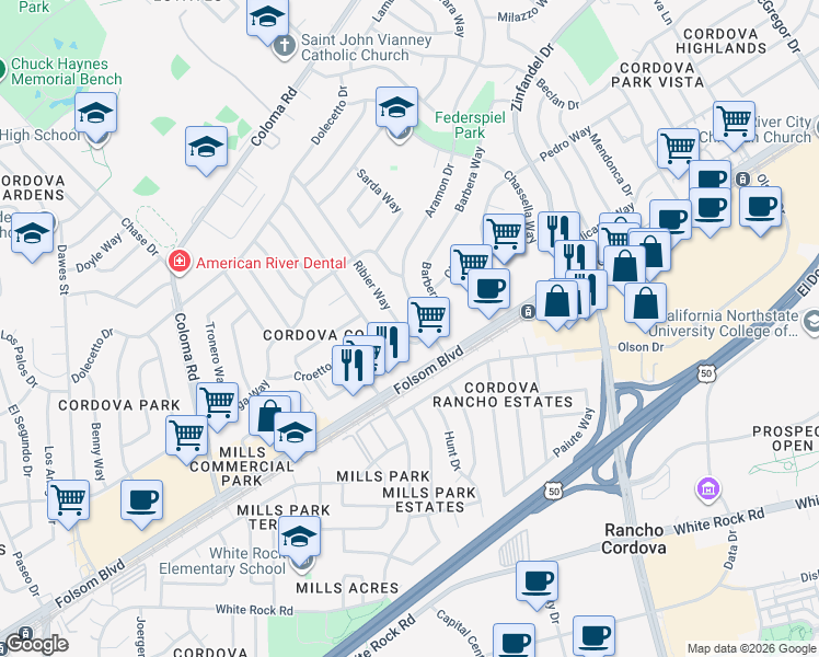 map of restaurants, bars, coffee shops, grocery stores, and more near 2701 Ribier Way in Rancho Cordova