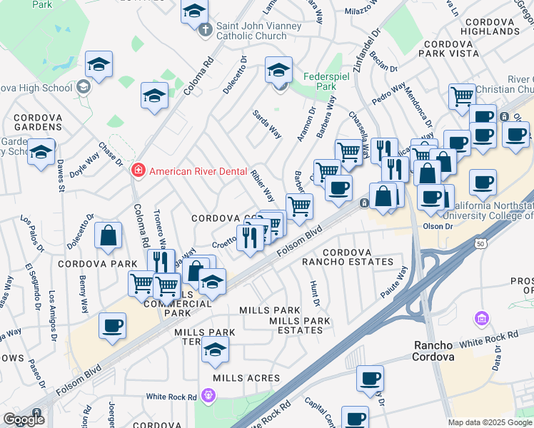 map of restaurants, bars, coffee shops, grocery stores, and more near 2629 Furmint Way in Rancho Cordova