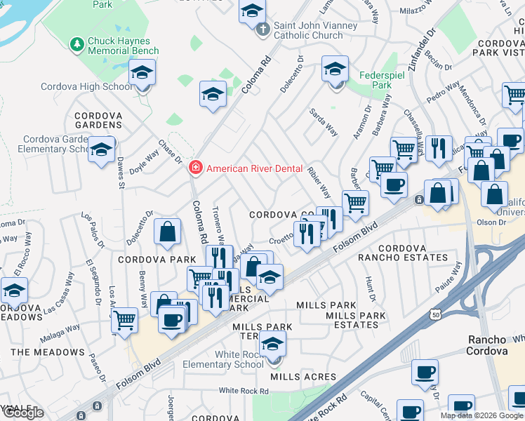 map of restaurants, bars, coffee shops, grocery stores, and more near 2545 Tannat Way in Rancho Cordova