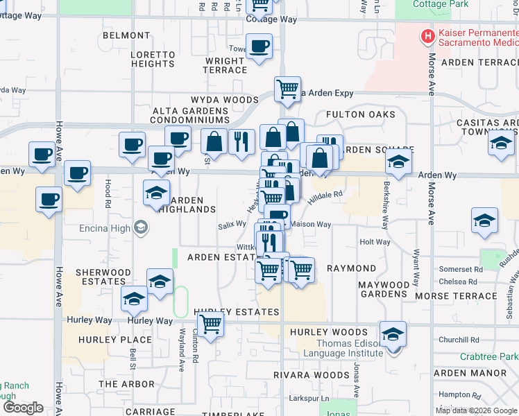 map of restaurants, bars, coffee shops, grocery stores, and more near 1600 Hesket Way in Sacramento