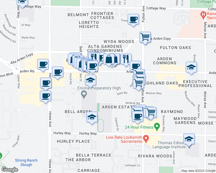 map of restaurants, bars, coffee shops, grocery stores, and more near 1617 Clinton Road in Sacramento